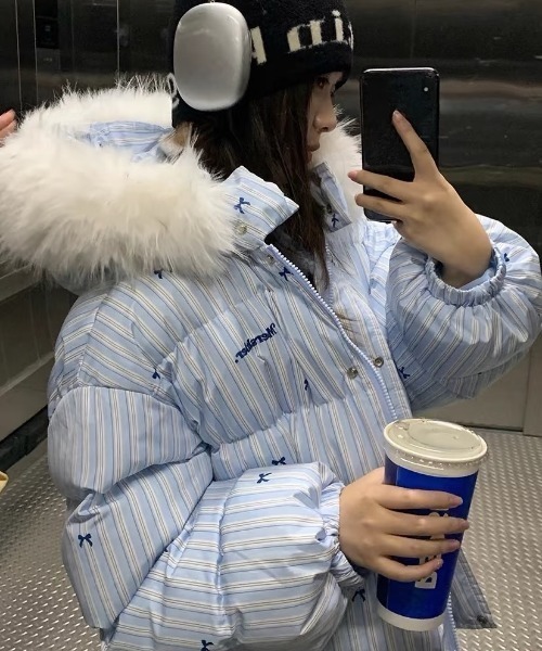 セール】ふわもこリボン柄ビッグファーダウン/Y2Kビッグファーフード