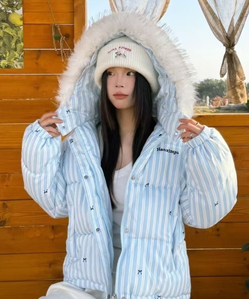 セール】ふわもこリボン柄ビッグファーダウン/Y2Kビッグファーフード