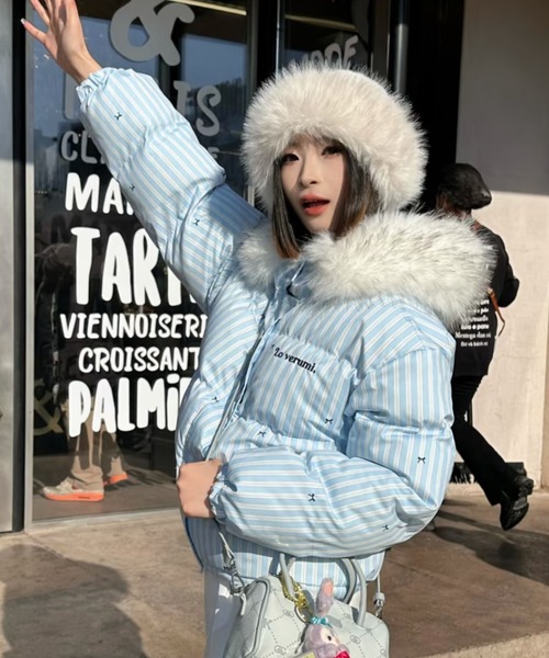 セール】ふわもこリボン柄ビッグファーダウン/Y2Kビッグファーフード