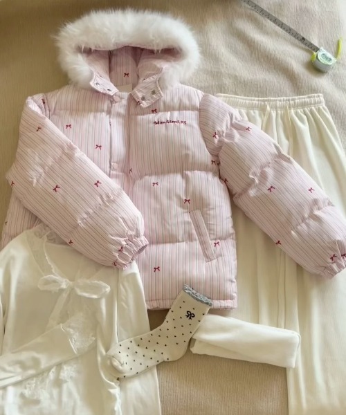 セール】ふわもこリボン柄ビッグファーダウン/Y2Kビッグファーフード