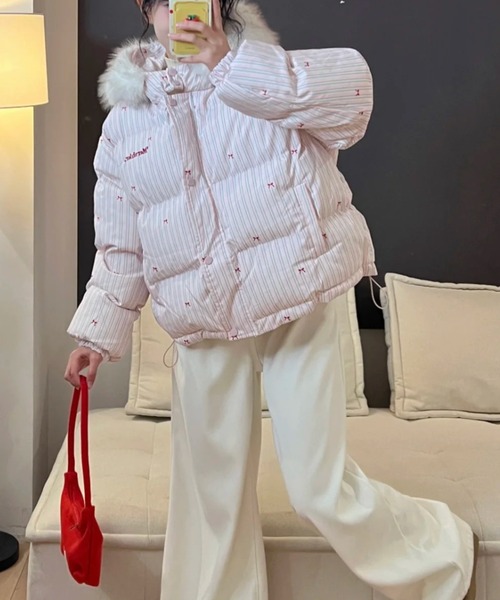 セール】ふわもこリボン柄ビッグファーダウン/Y2Kビッグファーフード