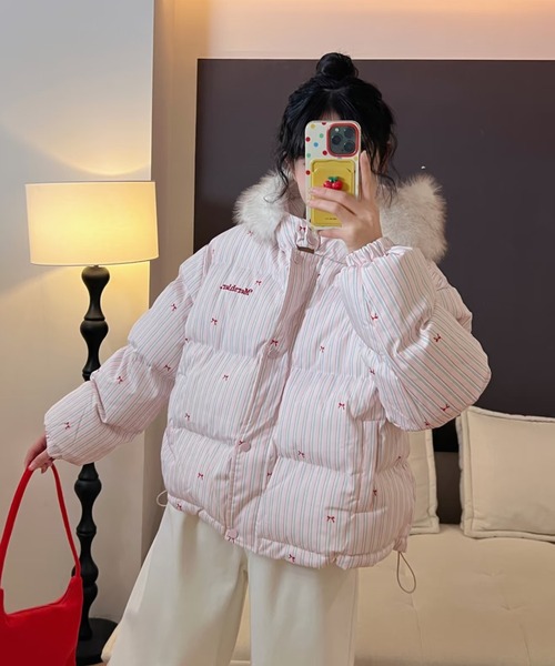 セール】ふわもこリボン柄ビッグファーダウン/Y2Kビッグファーフード