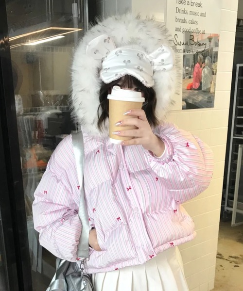 セール】ふわもこリボン柄ビッグファーダウン/Y2Kビッグファーフード