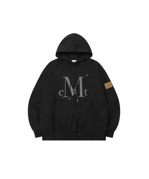mucent パーカー 黒 ワディアプリケロゴフード セール】ワディアプリケロゴフードパーカー 男女共用 (2カラー