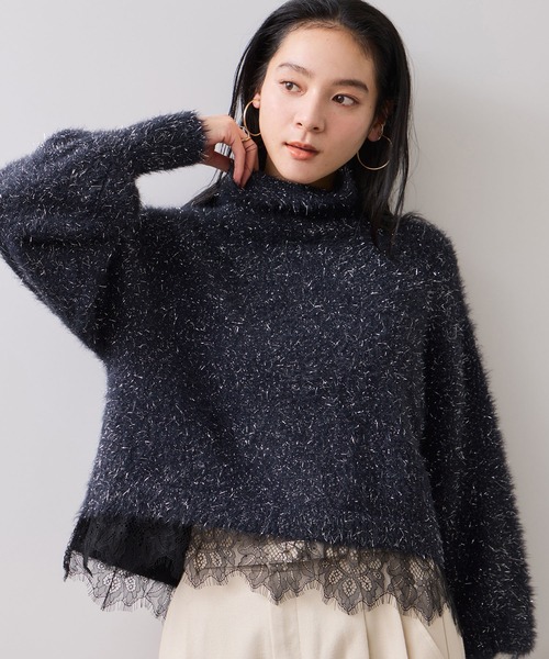 セール】ラメフェザー裾レースハイネックニット（ニット/セーター