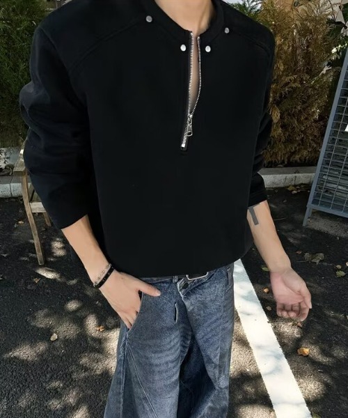 lilful(リルフル)の「【26年春夏新作】スタッズハーフ薄手スウェットジッププルオーバー(Tシャツ/カットソー・メンズ・ブラック/グレー・M/L)」の3枚目の写真