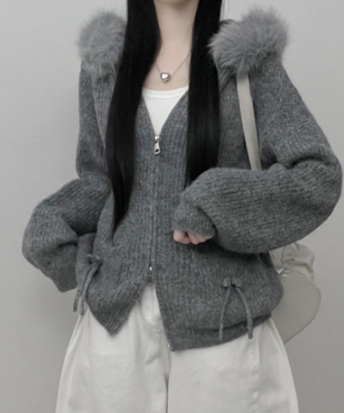 セール】ファー付きフード ダブルジップ ニットカーディガン（ニット