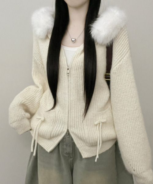 セール】ファー付きフード ダブルジップ ニットカーディガン（ニット