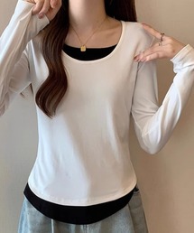 ラウンドヘム レイヤード風ロングTシャツ