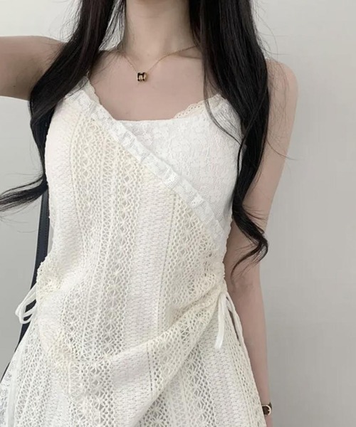 lulufa(ルルファ)の「クロシェ編み キャミワンピース / アシンメトリー リボン レース チュニック ワンピ風 重ね着 ガーリーコーデ(キャミソール・レディース・アイボリー・LARGE/MEDIUM)」の2枚目の写真