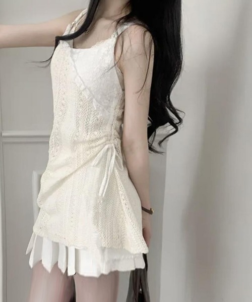 lulufa(ルルファ)の「クロシェ編み キャミワンピース / アシンメトリー リボン レース チュニック ワンピ風 重ね着 ガーリーコーデ(キャミソール・レディース・アイボリー・LARGE/MEDIUM)」の4枚目の写真