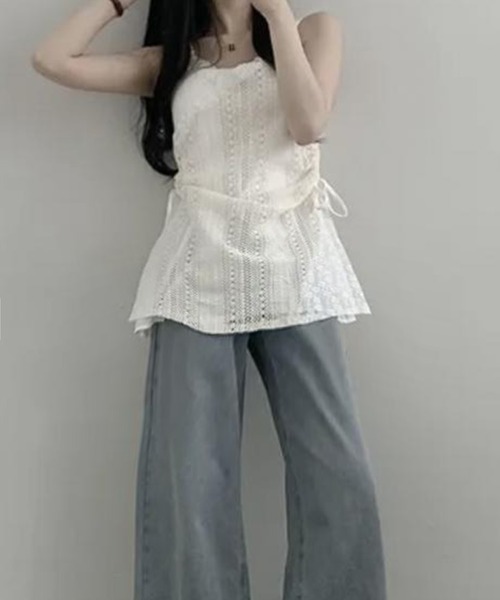 lulufa(ルルファ)の「クロシェ編み キャミワンピース / アシンメトリー リボン レース チュニック ワンピ風 重ね着 ガーリーコーデ(キャミソール・レディース・アイボリー・LARGE/MEDIUM)」の5枚目の写真
