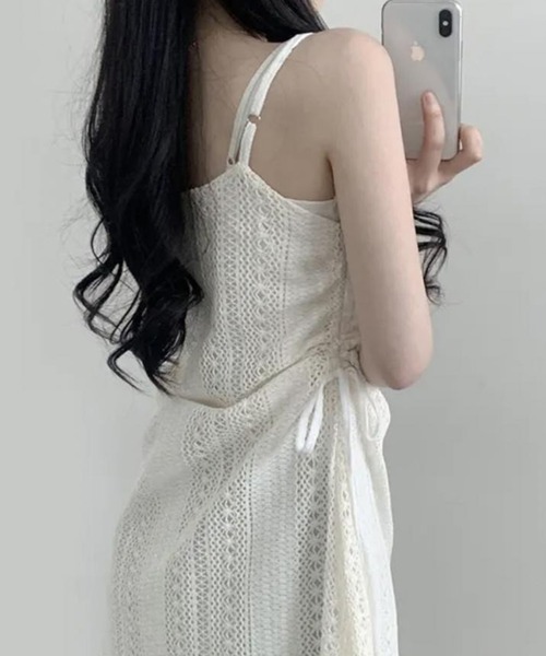 lulufa(ルルファ)の「クロシェ編み キャミワンピース / アシンメトリー リボン レース チュニック ワンピ風 重ね着 ガーリーコーデ(キャミソール・レディース・アイボリー・LARGE/MEDIUM)」の6枚目の写真