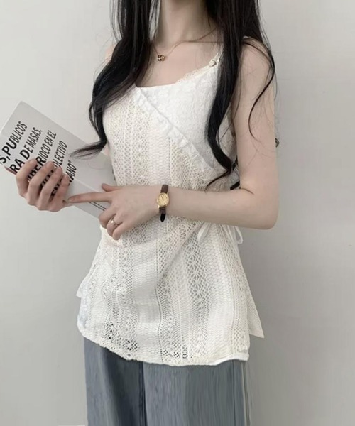 lulufa(ルルファ)の「クロシェ編み キャミワンピース / アシンメトリー リボン レース チュニック ワンピ風 重ね着 ガーリーコーデ(キャミソール・レディース・アイボリー・LARGE/MEDIUM)」の7枚目の写真