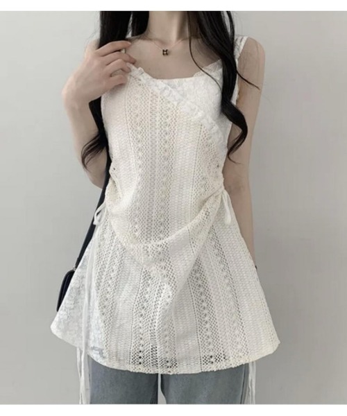 lulufa(ルルファ)の「クロシェ編み キャミワンピース / アシンメトリー リボン レース チュニック ワンピ風 重ね着 ガーリーコーデ(キャミソール・レディース・アイボリー・LARGE/MEDIUM)」の13枚目の写真