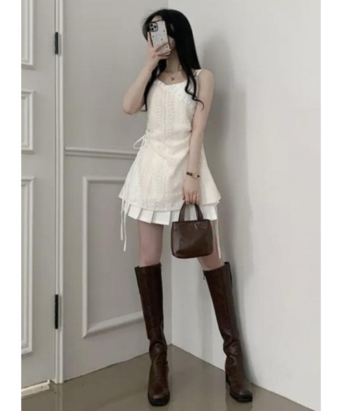 lulufa(ルルファ)の「クロシェ編み キャミワンピース / アシンメトリー リボン レース チュニック ワンピ風 重ね着 ガーリーコーデ(キャミソール・レディース・アイボリー・LARGE/MEDIUM)」の11枚目の写真