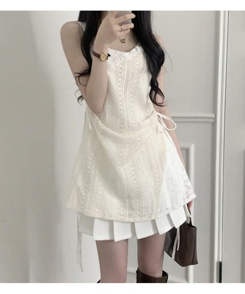 lulufa(ルルファ)の「クロシェ編み キャミワンピース / アシンメトリー リボン レース チュニック ワンピ風 重ね着 ガーリーコーデ(キャミソール・レディース・アイボリー・LARGE/MEDIUM)」の14枚目の写真