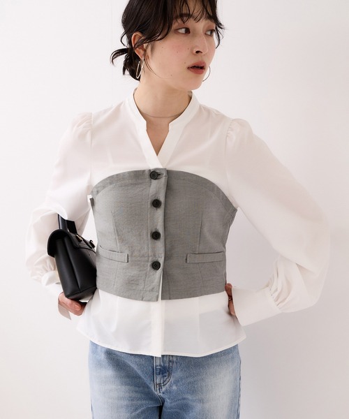 VIS（ビス）の「美easy前開きビスチェドッキングシャツ/イージーケア・接触冷感・セットアップ対応（シャツ/ブラウス・レディース・ブラック/キナリ/グレー・FREE）」の12枚目の写真