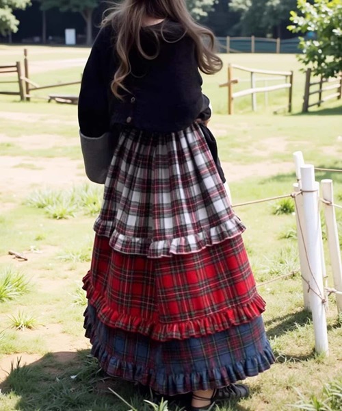 MAISON DE THERESE(メゾン ド テレーズ)の「レースフリルギンガムチェック ティアードスカート(スカート・レディース・ブルー/グレー/レッド・M)」の4枚目の写真