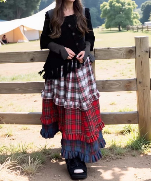 MAISON DE THERESE(メゾン ド テレーズ)の「レースフリルギンガムチェック ティアードスカート(スカート・レディース・ブルー/グレー/レッド・M)」の6枚目の写真