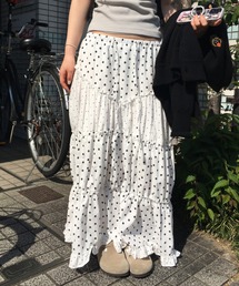 Teem Store | 韓国レトロ ドット柄ティアードロングスカート ウエストゴム フリル(スカート)