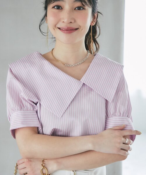 La boutique BonBon（ラブティックボンボン）の「【最強愛され】ストライプアシメビッグカラー半袖ブラウス（シャツ/ブラウス・レディース・ミント/ピンク・FREE）」の2枚目の写真
