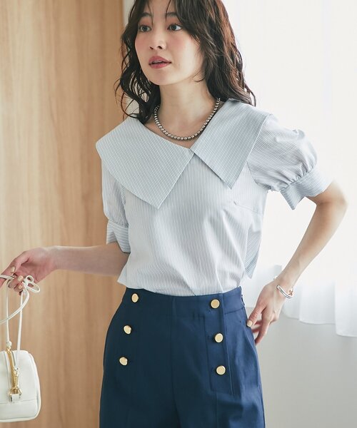 La boutique BonBon（ラブティックボンボン）の「【最強愛され】ストライプアシメビッグカラー半袖ブラウス（シャツ/ブラウス・レディース・ミント/ピンク・FREE）」の3枚目の写真