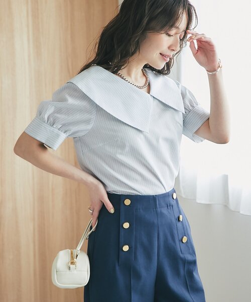 La boutique BonBon（ラブティックボンボン）の「【最強愛され】ストライプアシメビッグカラー半袖ブラウス（シャツ/ブラウス・レディース・ミント/ピンク・FREE）」の4枚目の写真