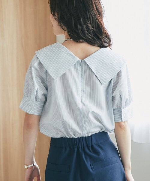 La boutique BonBon（ラブティックボンボン）の「【最強愛され】ストライプアシメビッグカラー半袖ブラウス（シャツ/ブラウス・レディース・ミント/ピンク・FREE）」の5枚目の写真