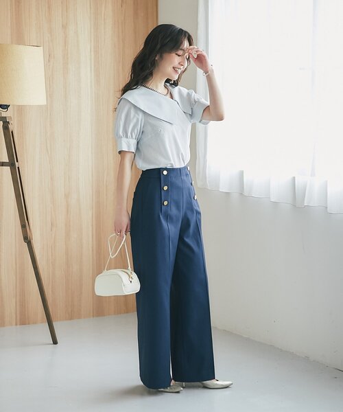 La boutique BonBon（ラブティックボンボン）の「【最強愛され】ストライプアシメビッグカラー半袖ブラウス（シャツ/ブラウス・レディース・ミント/ピンク・FREE）」の7枚目の写真