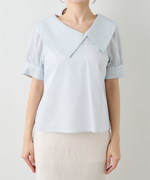 La boutique BonBon（ラブティックボンボン）の「【最強愛され】ストライプアシメビッグカラー半袖ブラウス（シャツ/ブラウス・レディース・ミント/ピンク・FREE）」の9枚目の写真