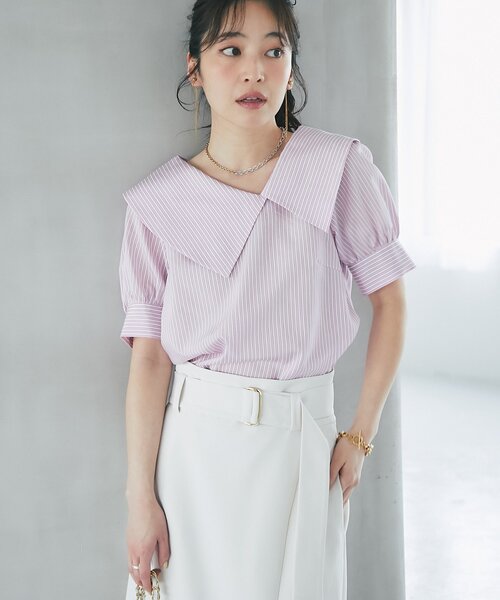La boutique BonBon（ラブティックボンボン）の「【最強愛され】ストライプアシメビッグカラー半袖ブラウス（シャツ/ブラウス・レディース・ミント/ピンク・FREE）」の17枚目の写真