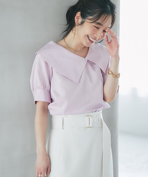 La boutique BonBon（ラブティックボンボン）の「【最強愛され】ストライプアシメビッグカラー半袖ブラウス（シャツ/ブラウス・レディース・ミント/ピンク・FREE）」の18枚目の写真