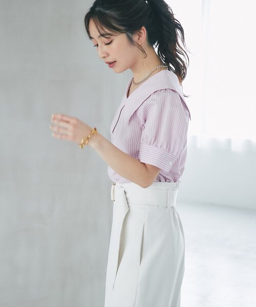La boutique BonBon（ラブティックボンボン）の「【最強愛され】ストライプアシメビッグカラー半袖ブラウス（シャツ/ブラウス・レディース・ミント/ピンク・FREE）」の19枚目の写真
