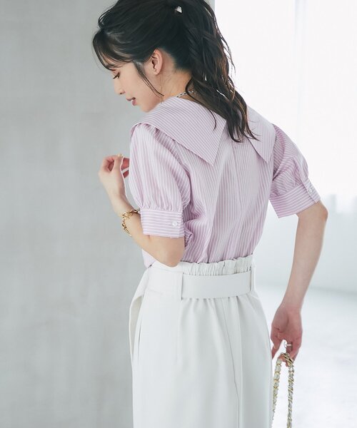 La boutique BonBon（ラブティックボンボン）の「【最強愛され】ストライプアシメビッグカラー半袖ブラウス（シャツ/ブラウス・レディース・ミント/ピンク・FREE）」の20枚目の写真