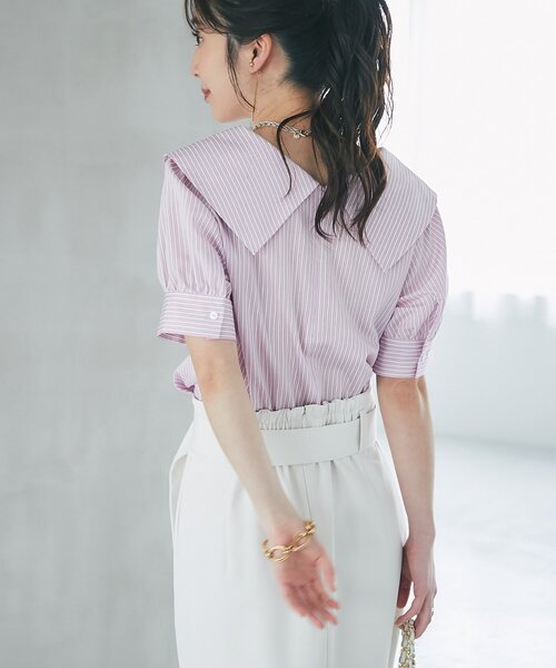 La boutique BonBon（ラブティックボンボン）の「【最強愛され】ストライプアシメビッグカラー半袖ブラウス（シャツ/ブラウス・レディース・ミント/ピンク・FREE）」の21枚目の写真