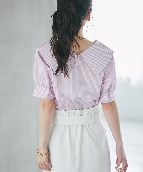 La boutique BonBon（ラブティックボンボン）の「【最強愛され】ストライプアシメビッグカラー半袖ブラウス（シャツ/ブラウス・レディース・ミント/ピンク・FREE）」の22枚目の写真
