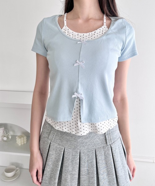 Loueme(ルエム)の「ドットリボンレイヤードトップス(Tシャツ/カットソー・レディース・ライトブルー/アイボリー/グレー・FREE)」の1枚目の写真