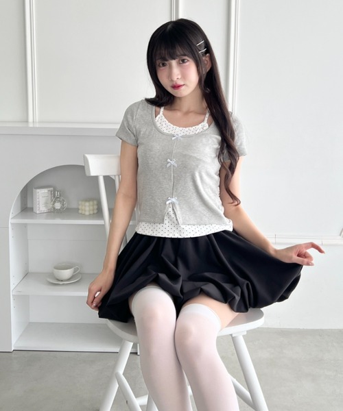Loueme(ルエム)の「ドットリボンレイヤードトップス(Tシャツ/カットソー・レディース・ライトブルー/アイボリー/グレー・FREE)」の6枚目の写真