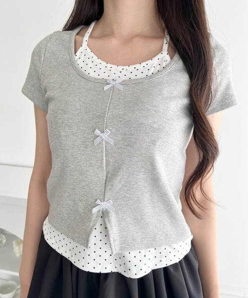 Loueme(ルエム)の「ドットリボンレイヤードトップス(Tシャツ/カットソー・レディース・ライトブルー/アイボリー/グレー・FREE)」の4枚目の写真
