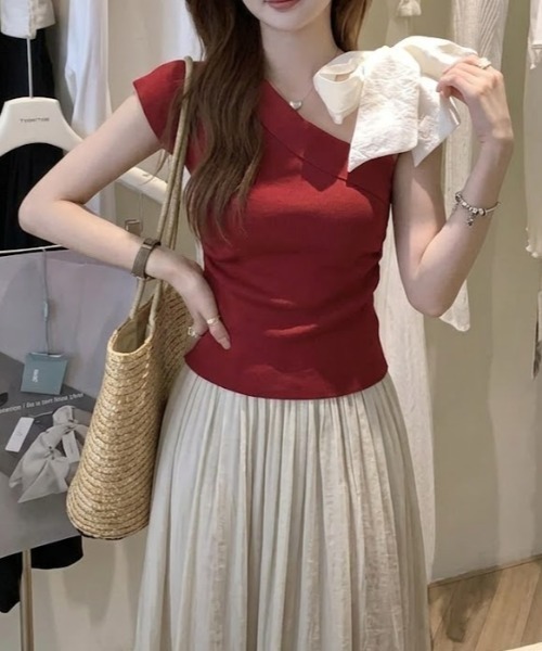 SHEPP(シープ)の「【ワンショルダー】リボンストラップ アシンメトリー デザイントップス フレンチスリーブ(Tシャツ/カットソー・レディース・イエロー/ブラック/ホワイト/レッド・F)」の21枚目の写真