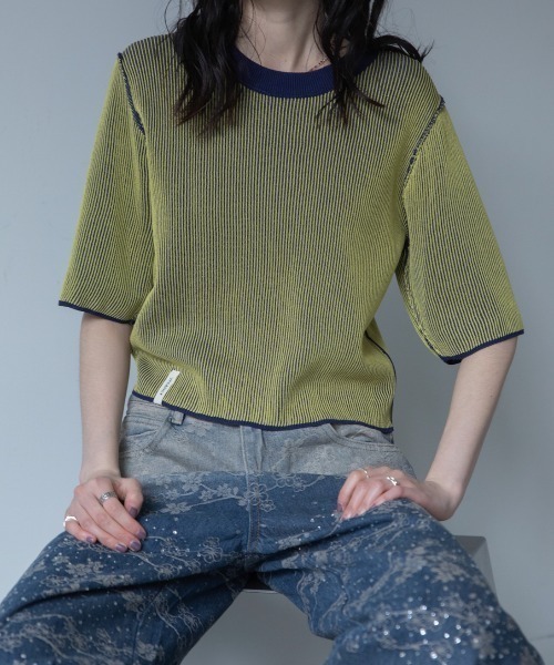 VACANCY(ヴァカンシー)の「配色プレーティングハーフスリーブリブニット/新色追加(Tシャツ/カットソー・レディース・ネイビー/グリーン/ブラウン/ブラック/オレンジ・FREE)」の4枚目の写真