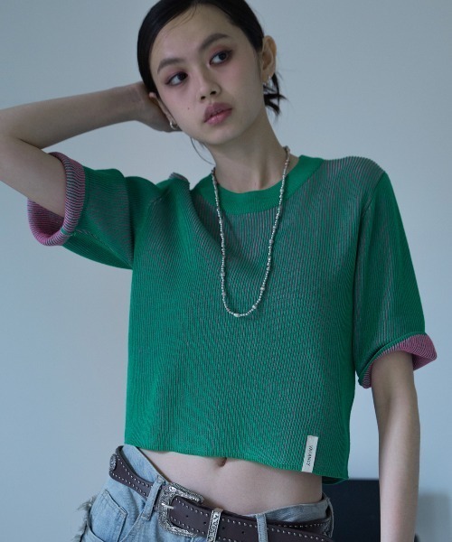 VACANCY(ヴァカンシー)の「配色プレーティングハーフスリーブリブニット/新色追加(Tシャツ/カットソー・レディース・ネイビー/グリーン/ブラウン/ブラック/オレンジ・FREE)」の1枚目の写真