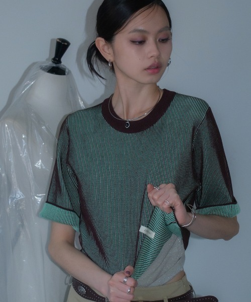 VACANCY(ヴァカンシー)の「配色プレーティングハーフスリーブリブニット/新色追加(Tシャツ/カットソー・レディース・ネイビー/グリーン/ブラウン/ブラック/オレンジ・FREE)」の12枚目の写真