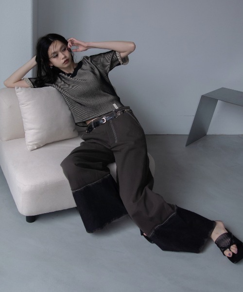 VACANCY(ヴァカンシー)の「配色プレーティングハーフスリーブリブニット/新色追加(Tシャツ/カットソー・レディース・ネイビー/グリーン/ブラウン/ブラック/オレンジ・FREE)」の15枚目の写真