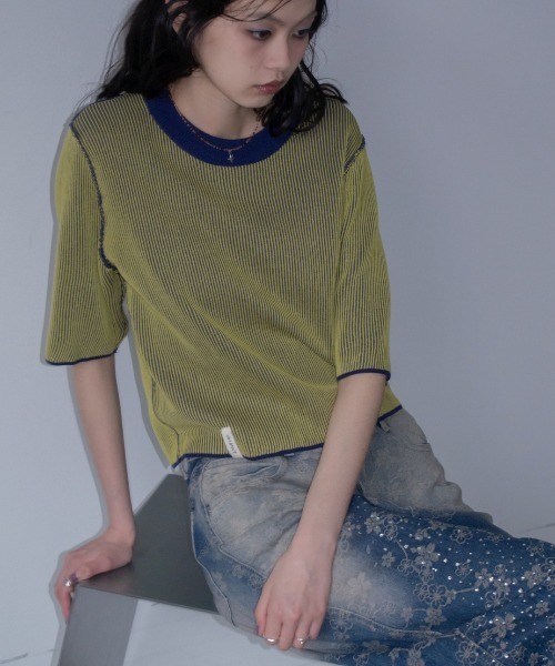VACANCY(ヴァカンシー)の「配色プレーティングハーフスリーブリブニット/新色追加(Tシャツ/カットソー・レディース・ネイビー/グリーン/ブラウン/ブラック/オレンジ・FREE)」の18枚目の写真