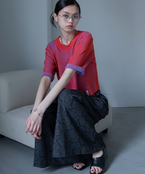 VACANCY(ヴァカンシー)の「配色プレーティングハーフスリーブリブニット/新色追加(Tシャツ/カットソー・レディース・ネイビー/グリーン/ブラウン/ブラック/オレンジ・FREE)」の10枚目の写真