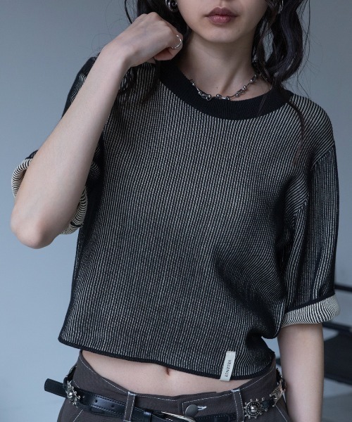 VACANCY(ヴァカンシー)の「配色プレーティングハーフスリーブリブニット/新色追加(Tシャツ/カットソー・レディース・ネイビー/グリーン/ブラウン/ブラック/オレンジ・FREE)」の21枚目の写真