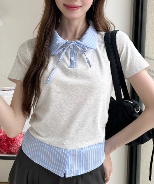 Ada.(エイダ)の「レイヤード風 ストライプ シャツ襟 ドッキング ポロ カットソー(Tシャツ/カットソー・レディース・ホワイト/イエロー/グレー/ブラック・FREE)」の3枚目の写真