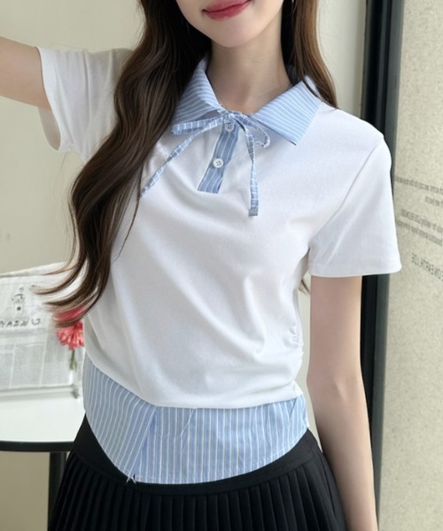Ada.(エイダ)の「レイヤード風 ストライプ シャツ襟 ドッキング ポロ カットソー(Tシャツ/カットソー・レディース・ホワイト/イエロー/グレー/ブラック・FREE)」の1枚目の写真